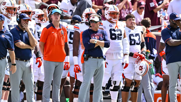 Sep 23, 2023; College Station, Texas, USA; Auburn Tigers head coach Hugh Freeze looks on during the first quarter against the Texas A&M Aggies at Kyle Field. Mandatory Credit: Maria Lysaker-USA TODAY Sports  